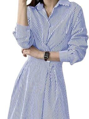 Blue Striped Shirt Midi Dress Collared Button Down Long Sleeve A-line Dress